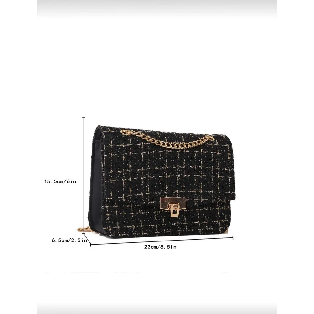 Black Tweed Plaid Chain Shoulder Bag Gold Hardware Crossbody Flap‎ Purse
